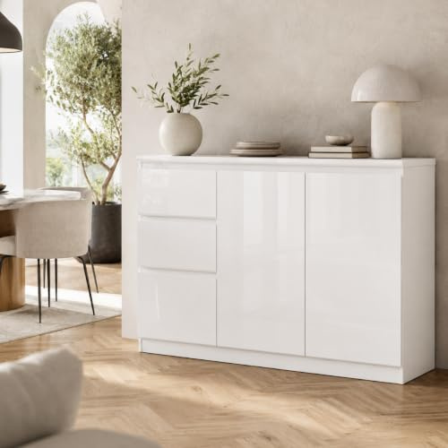 PREMTURE Modernes Küchen- & Aufbewahrungs-Sideboard Weiß – 2 Türen, 3 Schubladen, Hochglanz PET Fronten, MDF-Korpus, 120 x 40 x 83 cm – Stauraumwunder für Küche, Wohnzimmer & Esszimmer