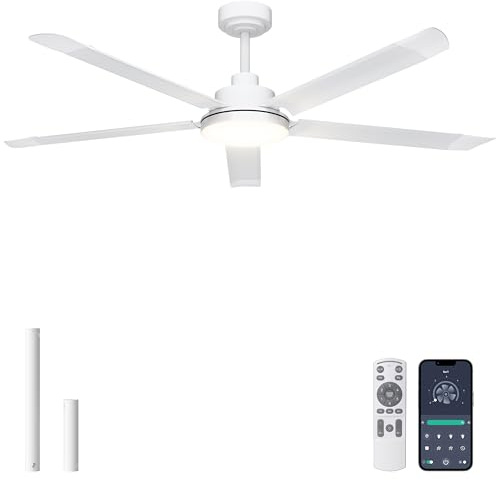 Ohniyou Ventilatore da soffitto da 152 cm con luce, ventilatori da soffitto industriali con telecomando/app, 5 pale in alluminio, motore DC silenzioso per soggiorno, terrazza esterna, garage, bianco