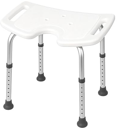 Orvian Silla de Ducha Forma de U y Ajustable en Altura 8 Niveles. con Patas de Goma Antideslizantes y Asiento Curvado con Orificios de Drenaje. Silla con Estructura de Aluminio. Máximo 100 kg.