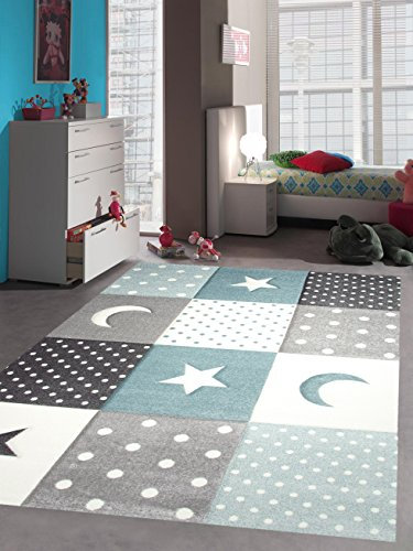 CARPETIA Kinderteppich Spielteppich Babyteppich Junge Stern Mond in blau hellblau türkis Größe 160x230 cm