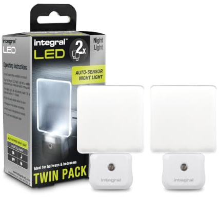 Integral LED Plug-In Night Light with Dusk-to-Dawn Sensor | Auto On/Off | Soft Light | Transparent | Ideal for Bedrooms, Hallways, Stairs, Landings, Children’s Nursery | 2-Pack