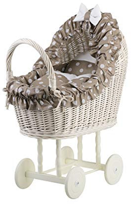 e-wicker24 Alles aus Weide Puppenwagen aus Weide mit Bettwäsche perfekte Geschenkidee Korbpuppenwagen schöner Spielzeug aus Korbgeflecht Korbwagen für Puppen Spielzeug für Mädchen (Beige)