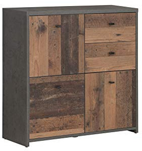 FORTE Best Chest Kommode mit 3 Türen und 2 Schubladen, Holzwerkstoff, Old-Wood Vintage kombiniert mit Betonoptik, 77,2 x 77,5 x 29,6 cm