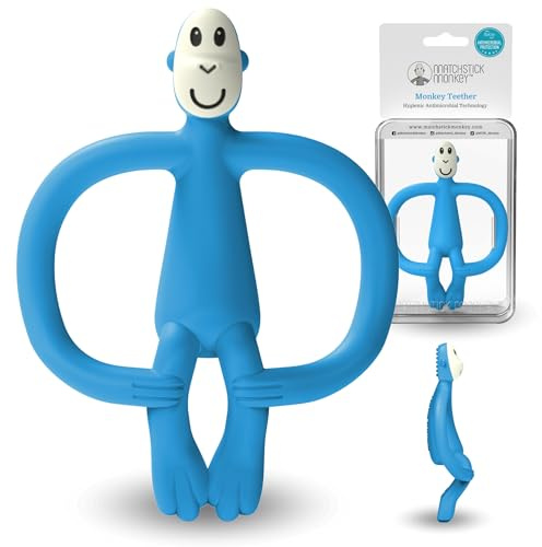 Matchstick Monkey, Anneau de dentition en silicone antimicrobien et applicateur de gel, facile à saisir, sans BPA, 3 mois et plus, 11 cm, bleu