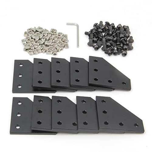 Befenybay 10 Stück/Set schwarze L-Eckhalterungsplatte mit 50 Stück M5 x 8 mm Schrauben und 50 Stück M5 T-Muttern für Aluminiumprofil-3D-Druckerrahmen der Serie 2020 (Schwarz L-10 mit Schraube)