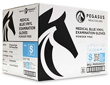 Pegasus Healthcare | 1000 Disposable Vinyl Examination Gloves | Colour - Blue | Latex and Powder Free | Sizes Small