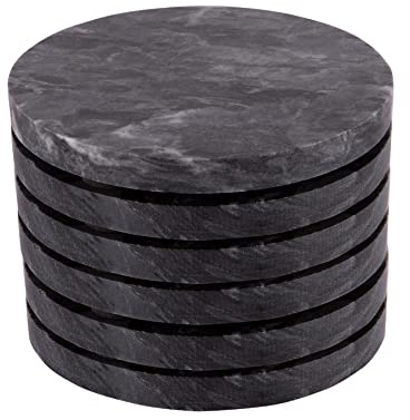 Argon Tableware Black Marble Coasters - 10cm - Pack of 6 - Round Drink Placemats Reusable Dining Table Drink Coaster Placemats Drinking Glass Mat Cup Bar Mats for Table Setting, Restaurants