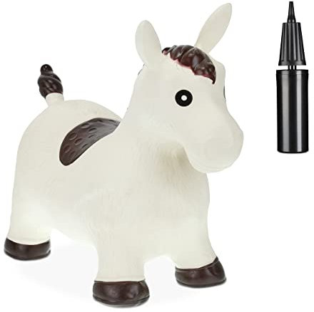 Relaxdays Hüpftier Pferd, inkl. Luftpumpe, Hüpfpferd bis 50 kg, BPA frei, Kinder ab 3 Jahre, Hüpfspielzeug, weiß/braun