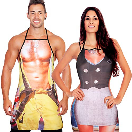 Neer 2 Stück Lustige Geschenke Set für Herren Damen Neuheit Grillschürze Muskel Kochschürzen Verstellbar Wasserdicht Küchenschürze für Weihnachten BBQ Party Erwachsene Paare (Gemischter Stil)