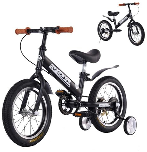 GHBXJX 3 in 1 Laufrad ab 2 Jahre mit Bremse, Kinderfahrrad ab 3 Jahre mit Stützrädern, Kinder Laufrad 14 Zoll Luftreifen für Mädchen und Junge, Höhenverstellbar,Schwarz
