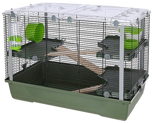 Kerbl Kleintierkäfig Eva 23 (Käfig für Haustiere, Laufstall mit Zubehör, Nagerkäfig mit aufklappbarem Dach, Heimtierkäfig, 79 x 45 x 60 cm, olivgrün/schwarz) 81743