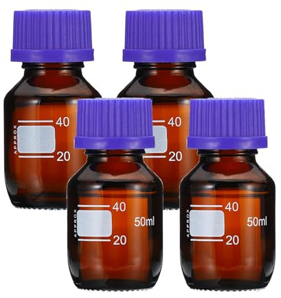PATIKIL 4 Pack Medien Aufbewahrung Flaschen 50ml Borosilikat Glas Graduierte Rundflaschen mit GL45 Blau Schraube Deckel für Labor Wasser Reagenz Flüssigkeiten Braun