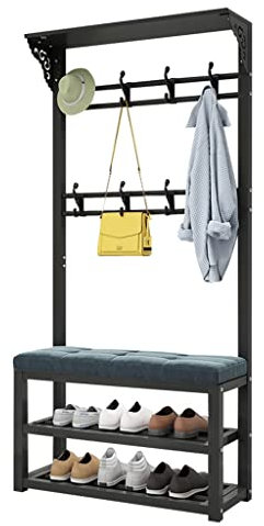 Exquisiter Kleiderständer, freistehender Garderobenständer mit 8 abnehmbaren Haken, Schuhregal mit Sitz und 2-stufigem Ständer für Kleidung, Hüte, Taschen, Schuhe, Regenschirme/80 * 30 * 172