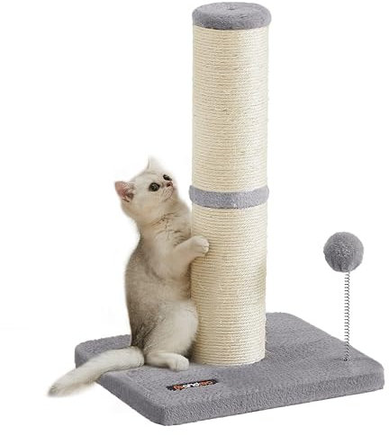 Feandrea Cat Scratching Post, 53 cm Tall Cat Scratcher for Kittens, Small and Medium Cats, Furniture Scratching Deterrent Sisal Scratch Pole, Spring Pompom with Built-in Bell, Dove Grey PCA023G01
