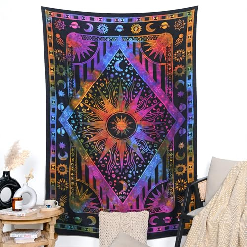 RAJRANG Tapiz de algodón con diseño de sol y luna, estilo bohemio, para colgar en la habitación, decoración mandala celestial en violeta, 127 x 152,4 cm