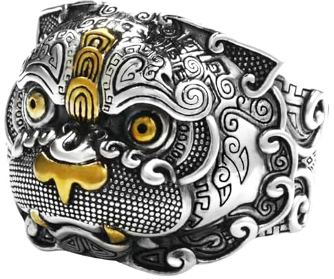 Kucheed Bague Feng Shui PiXiu Mantra, Bagues de Bonne Chance Bouddhistes en Argent,Bijoux Amulet Mantra,Protection Richesse Amour Santé Bande,Bagues Réglables Ouvertes Cadeau pour Hommes Femmes (L)