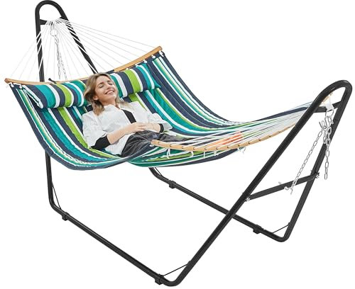Yaheetech Hängematte mit Gestell & Kissen, Doppelhängematte bis 215 KG Belastbar XXL Hängematte für 2-3 Personen, Garten Balkon Terrasse, Grüner Streifen