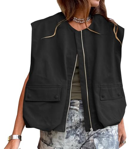 üBergroßE Cargo-Weste FüR Damen, Weste äRmellos,LäSsig, äRmellos, Lockere Passform, Gilet,Leichte,Anglerweste,ReißVerschluss, Blazer, Weste, Tops Mit Taschen 001 Schwarz?XXL