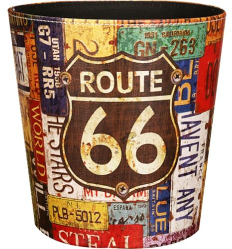 Vobumix Bote De Basura De Cuero Contenedor De Residuos De Cuero De Estilo Europeo Cubo De Basura con Patrón De 66 Rutas Cesta De Papel De Gran Capacidad Bote De Basura para Hogar