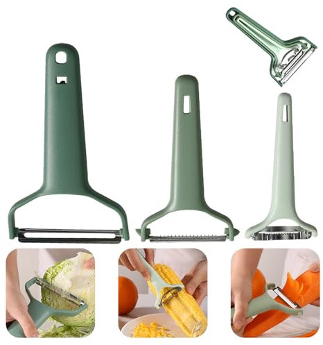 Mecmbj 3 Piezas Pelador Verduras, Pelador Patatas de Acero Inoxidable con 3 Funciones, Cuello Ancho, Pelapatatas De Cocina Multiusos para Uso Doméstico (verde)