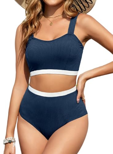 Vancavoo Damen Bikini Set Zweiteiliger Badeanzug Push Up Sport Bikini-Oberteil High Waist Elastische Gerippte Bademode Swimsuit,Marineblau+Weiß,S