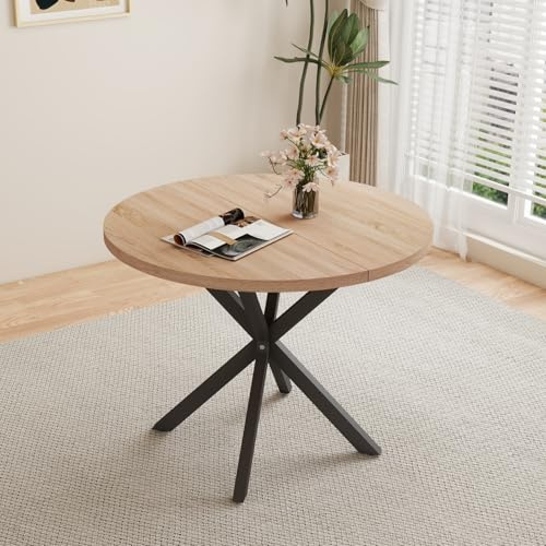 HJhomeheart Esstisch, runder Küchentisch, moderner runder Tisch, Dicke MDF-Platte und Metallbeine, für Wohnzimmer, Esszimmer, Hellbraun