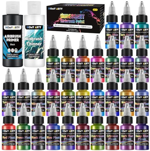 HOMY ARTY Schillernde Airbrush Farbe Set, 30 Farben mit 120 ml Grundierung und 120 ml Verdünner, bereit zum Sprühen Irisierende Farben, Acrylfarben auf Wasserbasis für Plastik, Leinwand, Holz
