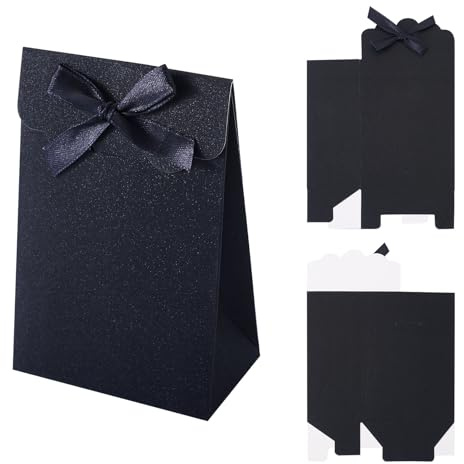 Boutigem 12 st svarta presentpåsar med små kraftpapper 3,11 x 4,81 x 1,65 tum festväska stående godis presentpåsar med rosett för förpackning jul bröllop födelsedagsfest