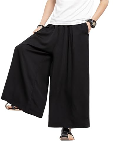 Generisch Pantalones de ocio para hombre, pantalones japoneses Hakama con pierna ancha y cintura elástica, pantalones ligeros, corte relajado, Negro , M