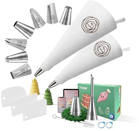 Juego de mangas pasteleras con boquillas, boquillas de acero inoxidable, 2 mangas pasteleras reutilizables de algodón y 3 espátulas, accesorios para tartas para cocina, hornear pasteles, 18 piezas, M