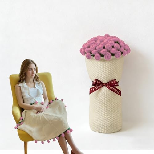 Finished Rose Bouquet Crochet Flower Blanket, Handmade Roses, Bellflower Throw, Soft Knitted Woven Blankets Gift for Mother's Day, Anniversary, Birthday(Pink rose on Beige,Dia. 110cm)