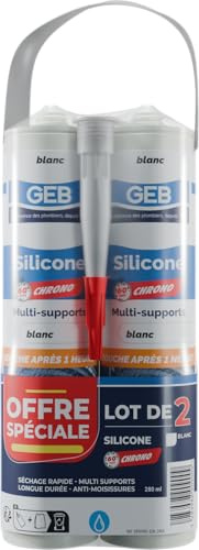 GEB Lot de 2 Mastic Silicone 60 Chrono multi-supports. Sèchage rapide, remise en eau en 1 heure - Blanc 280 ml