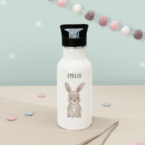 hellomini Personalisierte Kinder-Trinkflasche 500ml – Edelstahl, Weiß, mit Trinkhalm & Wunschname – viele süße Tiermotive – Thermoflasche Schule Kita (Hase, 500 ml)