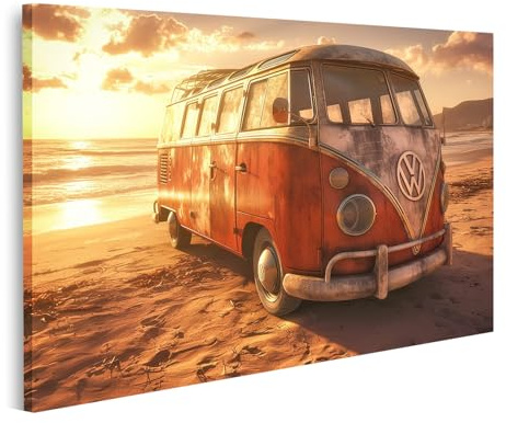 islandburner Image sur toile, vieux bus sur la plage de sable au coucher de soleil, images murales