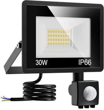 vighep 30W Security Lights Outdoor Motion Sensor, 3000LM LED Floodlight IP66 Waterproof, 6500K Cold White Outside Light Mains Powered for Garage, Garden, Backyard-1 Pack