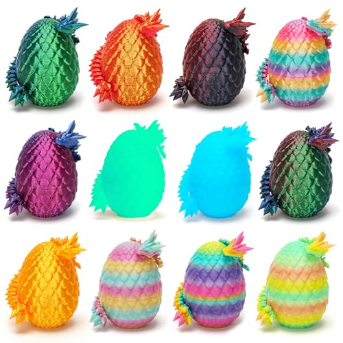 MTHAPJZ 12 Pcs 3D Printed Dragon with Egg for Easter Basket Stuffers, Dinosaur Easter Eggs Fillers Fidget Toys,Easter,Birthdays, Christmas Easter Decorations Gifts for Girls Boys(Without Keychain)