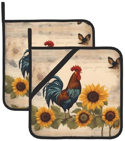 HHGFASD Presine quadrate in stile vintage con gallo e girasole, resistenti al calore, 20,3 x 20,3 cm, tessuti di qualità, antiscottatura e facili da pulire