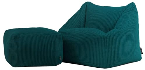 Icon Natalia Sitzsack Kinder mit Hocker, Blaugrün, Flauschiger Cord Stoff, Sitzsack Cord mit Füllung, Bequemer Kinder Sessel, Kuschelsessel, Lese Sessel, Schlafzimmer, Kinderzimmer, Spielzimmer
