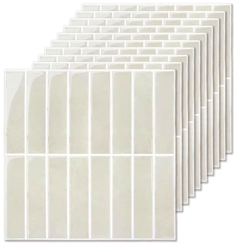 Baldosas Adhesivas Pared, Vinilo Azulejos Adhesivos Cocina Baño Metro, Beige 3D Pegatinas Paneles Decorativas Pared Peel Stick Tiles, Rectángulo Metro Baldosa de Pared (10 Piezas, 30.5 x 30.5 cm)