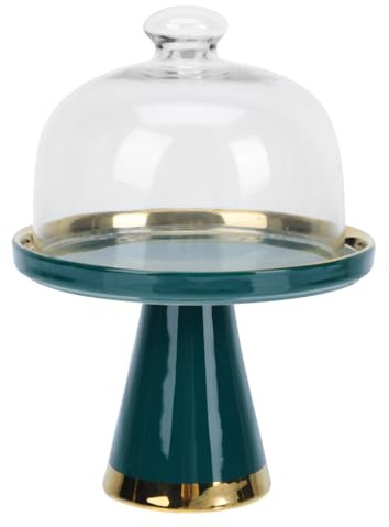 DIYEAH Plateau à Gâteau Céramique Nordique avec Socle Haut et Couvercle Verre Assiette Ronde Verte Petit Format Présentoir Élégant pour Desserts et Fruits pour Anniversaires et Mariages