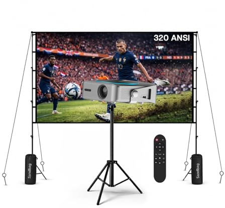 Projektor 4K Stöds med WiFi & Bluetooth, 100 Tum Duk & Stativ från MMOBIEL – Native 1080P, 320 ANSI, 4K Stöds, Automatisk Keystone-korrigering, 200 Tum Visning – För HDMI, USB, iOS & Android