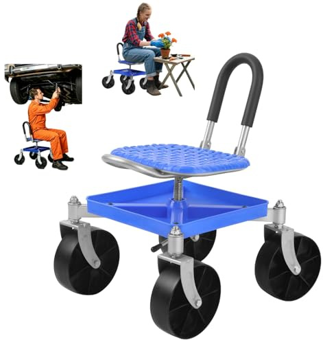 360° Swivel Garden Rolling Seat, Gardening Stool for Planting, Height Adjustable (51-61cm) Garden Work Seat with Tool Tray & Foldable Backrest, 150kg Load for, Yard, Gardening & Garage Work Blue