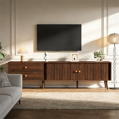 Merax Meuble TV 180 cm en Noyer avec 2 tiroirs et 2 Portes coulissantes, pour télévision Jusqu’à 80 Pouces, Meuble Salon Moderne