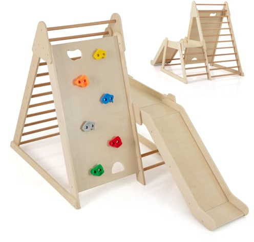 HOMASIS 3 in 1 Kletterdreieck mit Kletterleiter & Rutsche, Holz Klettergerüst Indoor mit Kletterwand, Spielplatz zum Klettern & Rutschen, Sprossendreieck für Kinder ab 3 Jahren (Holzfarbe)