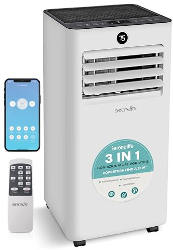 SereneLife Condizionatore Portatile 7000 BTU, Climatizzatore Portatile WiFi con Raffreddamento, Ventilatore e Deumidificatore, Kit Finestra, Timer, 28 m², Pinguino Condizionatore, Casa e Ufficio