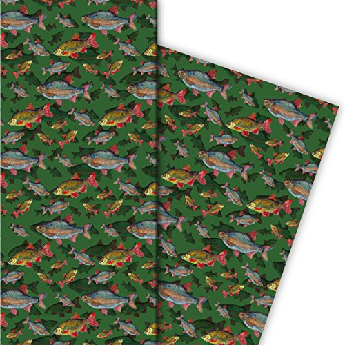 Edles Geschenkpapier Set (4 Bogen) | Dekorpapier mit Fischen unter Wasser für liebe Geschenkverpackung zur Taufe, Geburt, Ostern, Geburtstag, Hochzeit, Weihnachten u.v.m. 32 x 48cm, auf grün