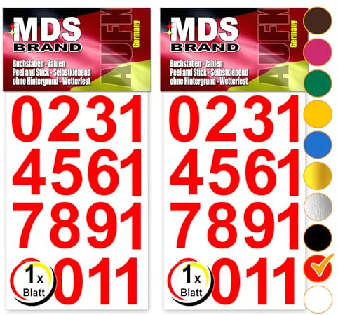 MDS Brand 35mm Zahlen Aufkleber Weiss | Selbstklebende Klebezahlen | Vinyl Hausnummern zum Aufkleben für Briefkasten, Mülltonnen, Hausnummer für Außen & Innen 35mm Peel (Rot)