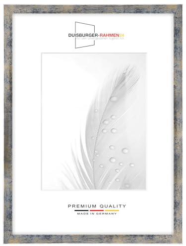 Duisburger-Rahmen24 DR24 Cornice 33x45 (Blu Argento Oro) su Misura, Telaio in Legno MDF Largo 35 mm Incluso Vetro Sintetico antiriflesso, Parete Posteriore Stabile, perni da Piegatura e Ganci