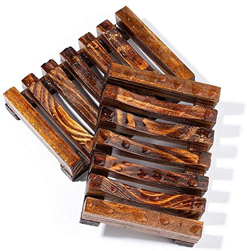 Voarge Förpackning med 2 tvålskålar trädusch naturlig bambu tvålbox tvålbox för tvål skrubbare svampar dusch rektangulär diskbänk dräneringsbräda handhantverk för tvål