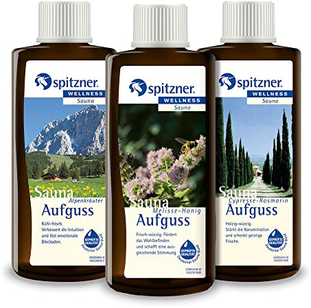 Spitzner Saunaaufguss-Set in Geschenkbox Kräutergarten: Alpenkräuter, Cypresse-Rosmarin und Melisse-Honig (3x190ml)